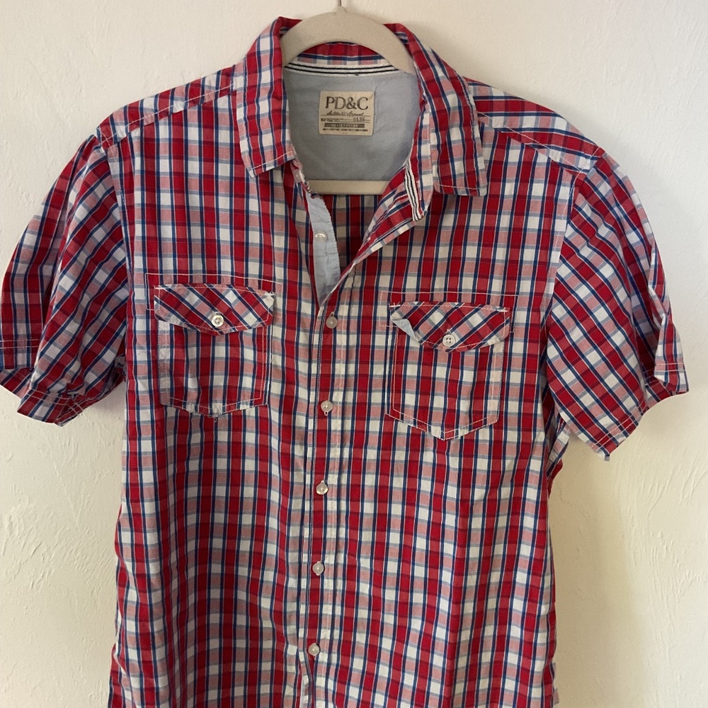 PD&C (Property of David & Co.) Red, White, and Blue Plaid Button-Up Shirt M